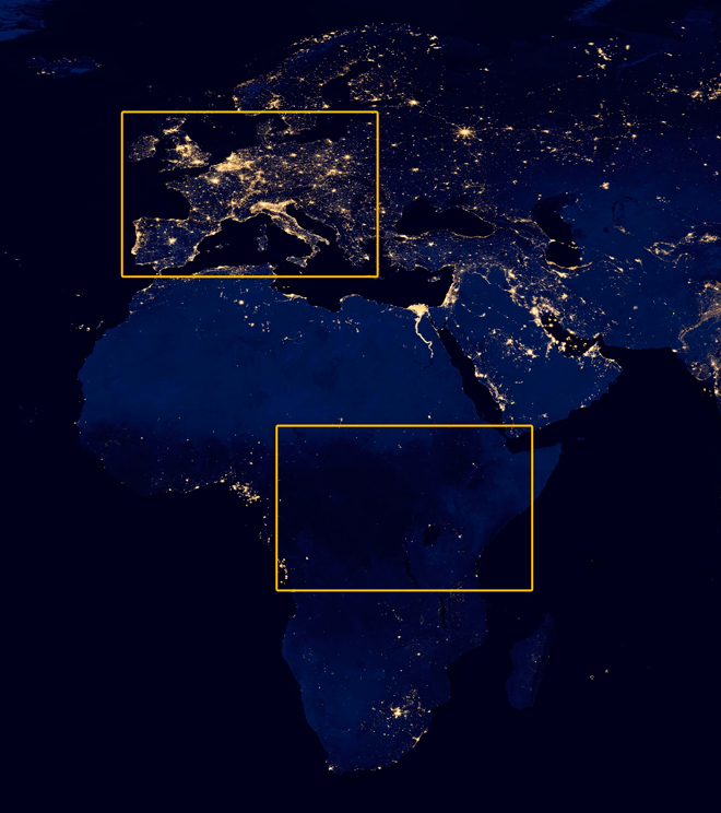 comparison europe and africa at night based on NASA photo